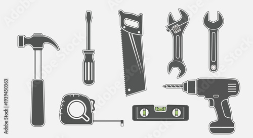 Collection of Tools Hammer Saw Wrench Screwdriver Drill Tape Measure Level.