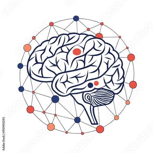 Vector brain icon with network connections, neuroscience symbol