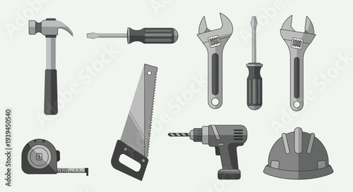 Construction Tools Set Hammer Wrench Saw Drill Screwdriver Tape Measure Helmet.