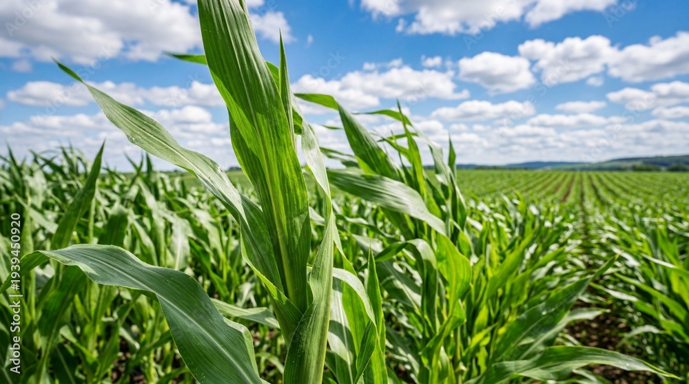 Fototapeta premium Vast Green Cornfield Under a Bright Blue Sky with Fluffy Clouds.