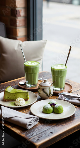 Matcha lattes and green tea desserts on a wooden table by a window. Cheesecake and mochi in a cafe setting