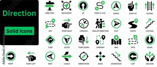 Silhouette vector of Direction icon set. Vector set of arrow and direction pointers icons. Minimalistic style collection. Navigation symbols for app web interface. Solid icons set.
