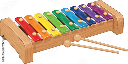 A colorful xylophone with wooden mallets on a white background