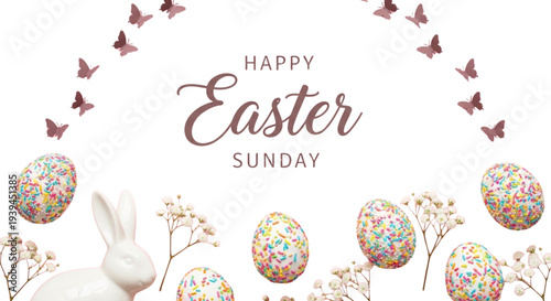 Festive Easter Sunday Greeting with Cute Bunny, Colorful Eggs, Butterflies, and Spring Flowers