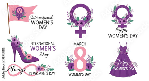 International Women's Day Floral Vector Set with Female Symbols and March 8 Celebration Graphics for Empowerment