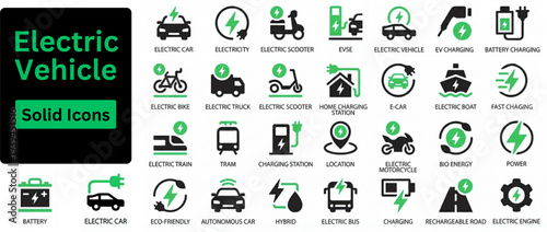 Silhouette vector of Electric Vehicle. Electric vehicle or transport web icons in line style editable stroke. Electric car, battery, charging station, solar panel, range, plug. Solid icons set.