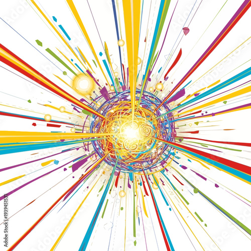 Colorful Energy Burst Radiating from Central Abstract Sphere