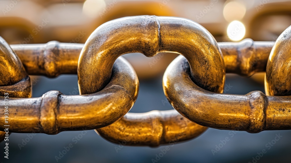 Fototapeta premium Close-up of heavy interlocking brass chain links with a rich golden shine and worn texture