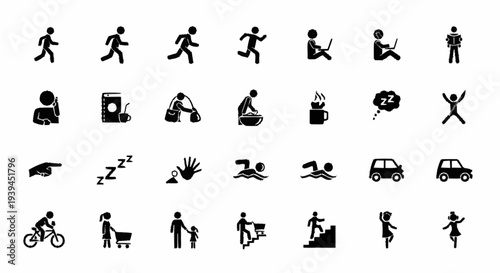 Collection of Various Black Silhouette Icons.