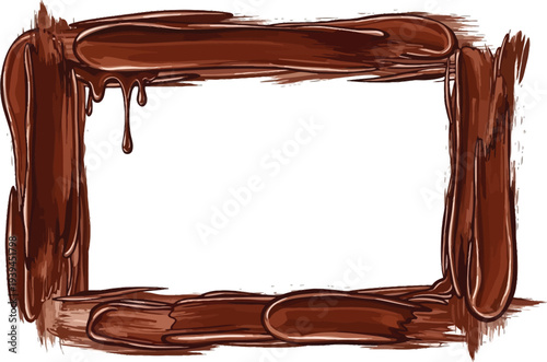 A chocolate frame on a white background with melted chocolate drips and smears