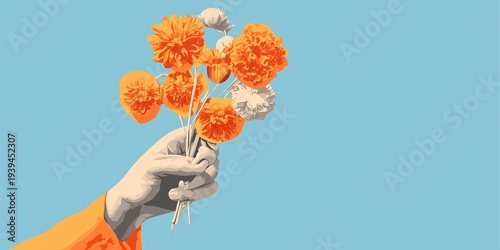 Hand Holding Orange and White Flowers Against Blue Background