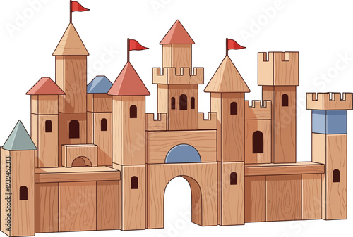 A wooden toy castle with towers and flags on a white background