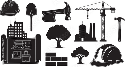 Construction site icons and tools in black and white