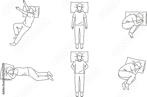 Vector line art set of man in various sleeping positions including fetal back stomach and side poses for sleep health wellness and comfort
