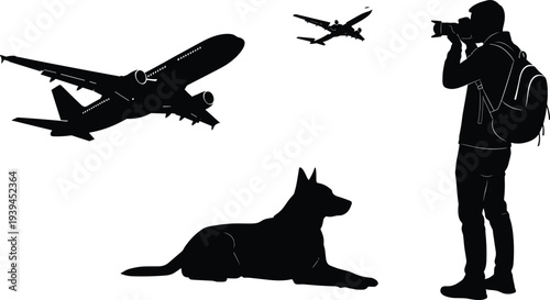 Professional photographer with backpack taking photos of airplanes flying in the sky while a loyal dog sits patiently on the ground.