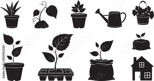 Black Silhouette Plants and Gardening Tools Icon Set Collection