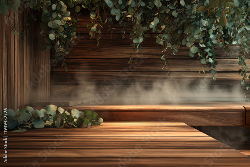 Luxury Wooden Sauna Interior with Steam and Eucalyptus Leaves Natural Spa Wellness Background