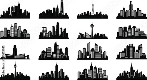 Collection of Black Minimalist City Skyline Silhouettes Featuring Modern Skyscrapers Urban Building Landmarks and Architectural High Rise Towers for Business Graphics