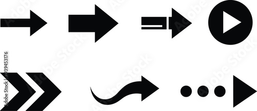 Arrow icon collection, right pointing arrows, navigation symbols, play button, chevron design, vector illustration, graphic elements, user interface, isolated set