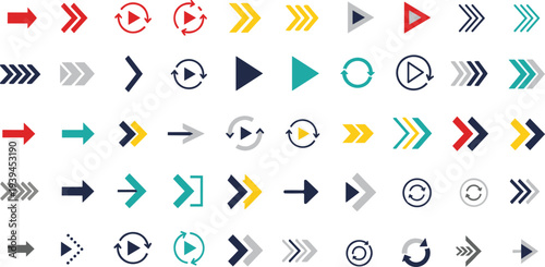 Arrow icon collection, colorful design, navigation symbols, circular arrows, play buttons, chevrons, vector illustration, graphic elements, user interface, isolated set