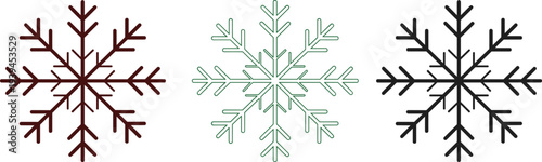 Snowflake icon collection, winter design, geometric symmetry, red snowflake, green snowflake, black snowflake, vector illustration, seasonal symbol, decorative element, isolated set