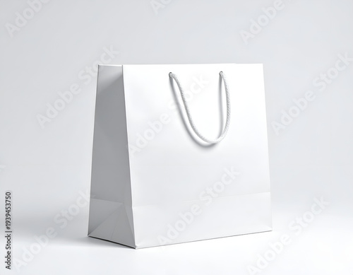A clean, minimalist, glossy white shopping bag with rope handles