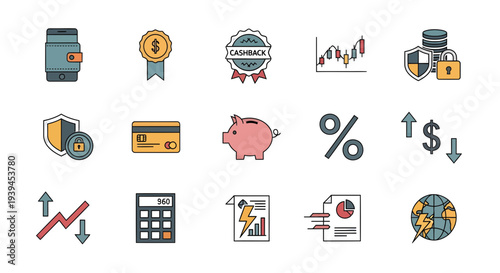 Fintech and Digital Banking Icon Set for Financial Technology and Online Payment Concept