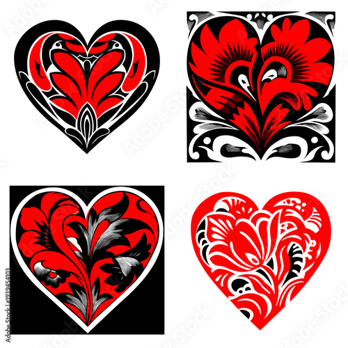 Fotografie A set of four decorative hearts featuring intricate red and black floral pattern