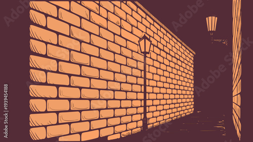 Dimly Lit Narrow Street with Brick Walls and Vintage Lanterns in Night City Atmosphere