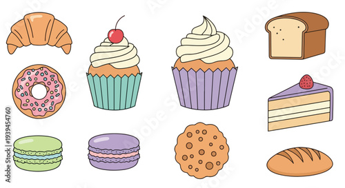 Sweet Pastries and Baked Goods Collection Croissant Cupcakes Donut Macarons.
