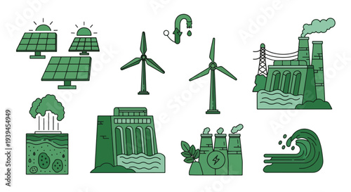 Renewable Energy Sources Icons Solar Wind Hydro Wave Power Geothermal.