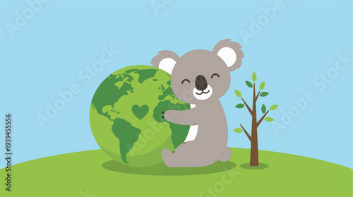 Cute koala hugging Earth globe on grassy hill Earth Day vector