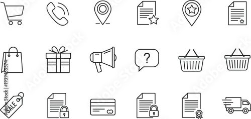 Online shopping and ecommerce line icon set, cart sale document and delivery symbols, vector illustration