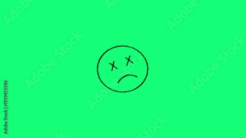 Scribble hand drown animation on sad face on green background. Hand-drawn sad face doodle loop animation. Cute cartoon emoji wiggle sticker