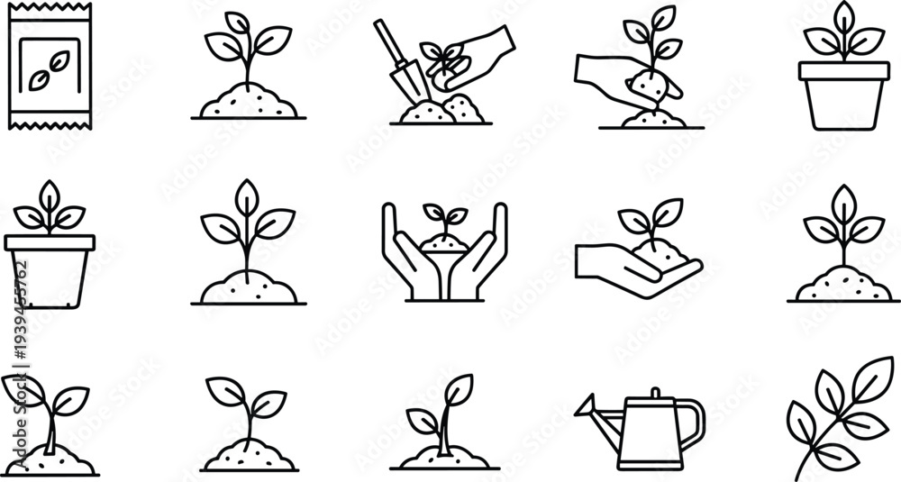 Obraz premium Plant growth and gardening line icons collection, vector illustration