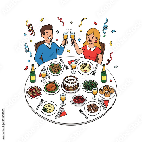 Couple celebrating an anniversary with champagne and a festive meal together at a decorated dinner table viewed from above.
