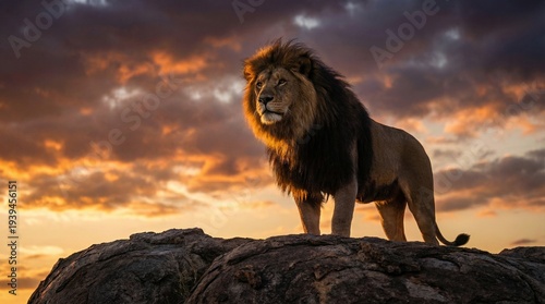 Bild auf Leinwand Majestic male African lion standing proudly on a rock during a dramatic golden hour sunset