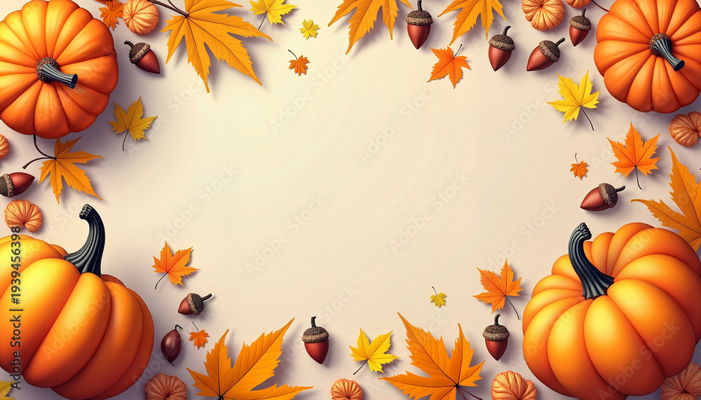Fototapeta premium Autumn pumpkins and colorful leaves on a light background 