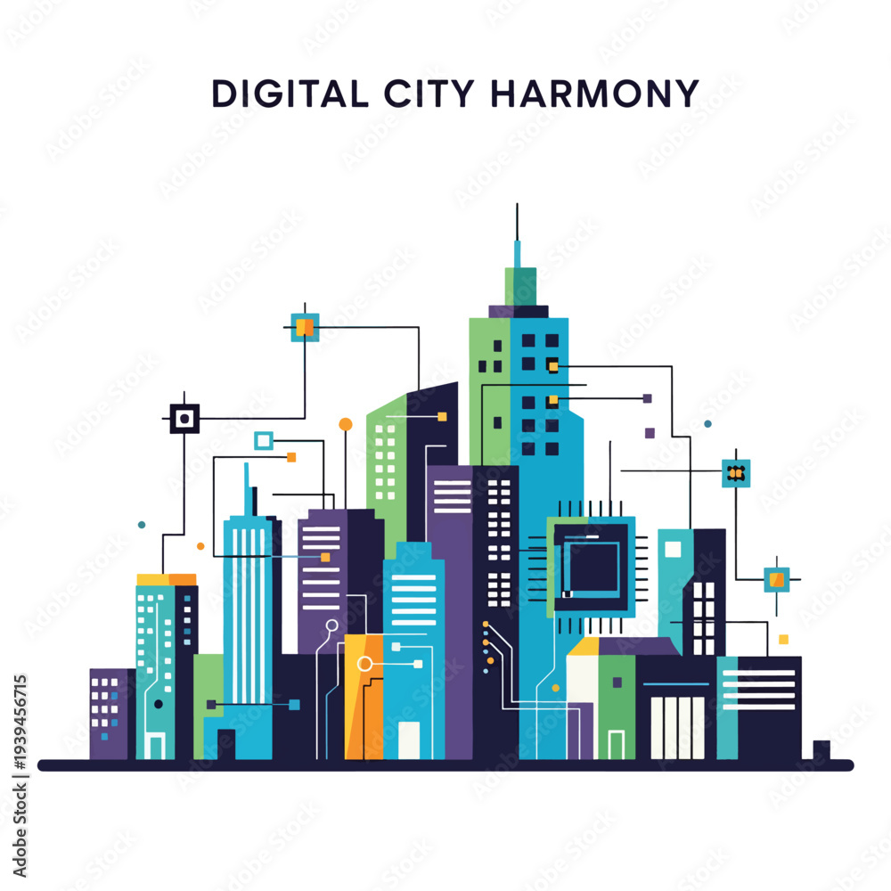 Fototapeta premium Digital Cityscape with Circuit Elements