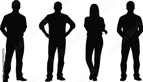 Standing men and woman silhouettes, full body people set, vector illustration