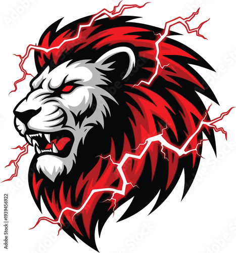 A fierce lion's head with a red and black mane and lightning bolts