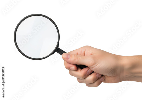Hand holding a magnifying glass isolated on transparent background