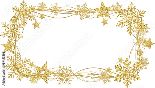 A beautiful golden Christmas wreath with snowflakes and stars on a white background