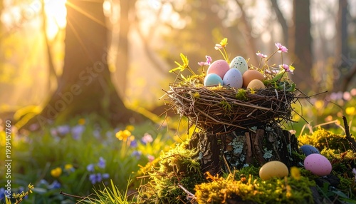 easter eggs in a nest with flowers