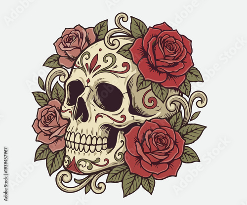 Floral Skull Illustration – Decorative Skull with Flowers, Tattoo Style Design for T-Shirt Print