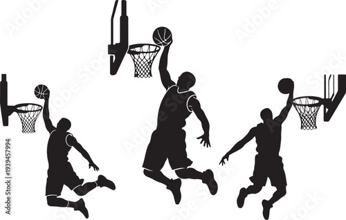 Silhouettes of basketball players in dynamic action shots with hoops