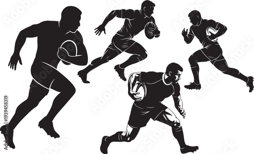 Dynamic silhouettes of rugby players in action showcasing speed and teamwork