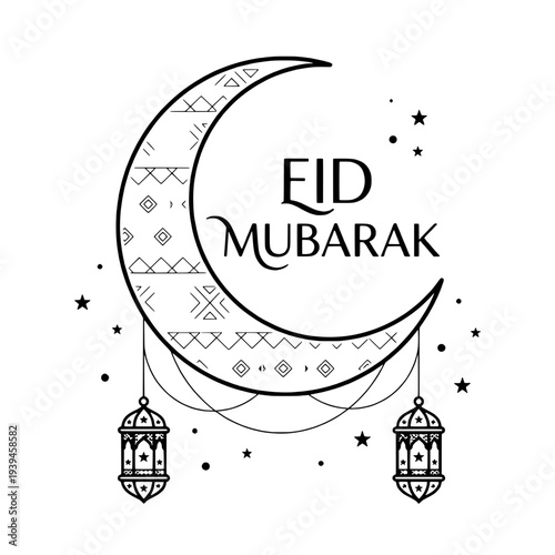 Eid Mubarak crescent moon lanterns geometric Islamic pattern vector