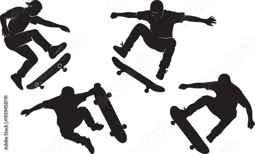 Silhouettes of skateboarders performing various tricks in mid air