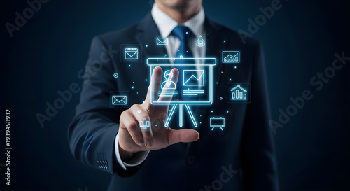 Businessman interacting with a holographic presentation board surrounded by various business and communication icons